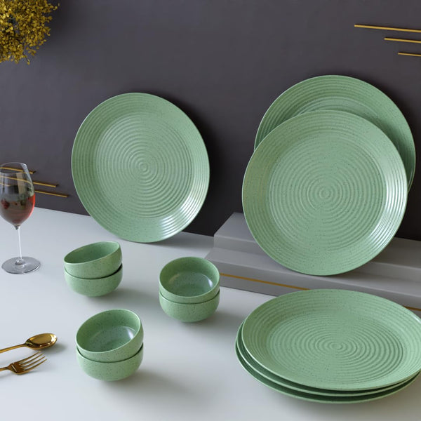 Spiral Green Ceramic Dinner Set 12 Piece for Family of 6